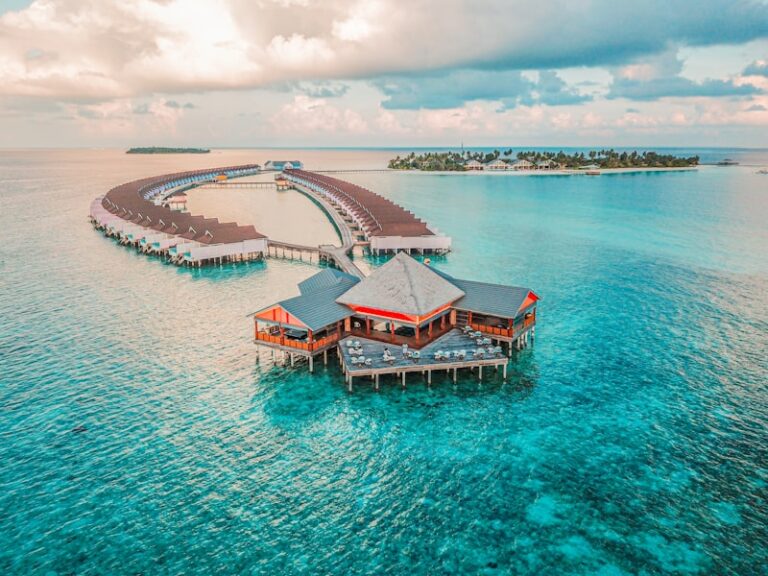 Bora Bora overwater bungalow aerial view French Polynesia